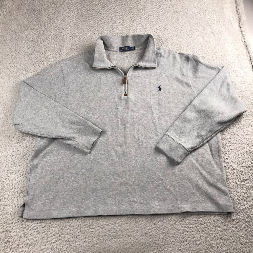 Polo Ralph Lauren 1/4 Zip Pullover Mens 2XB Gray Cotton Navy Pony Logo Sweater - Picture 1 of 10